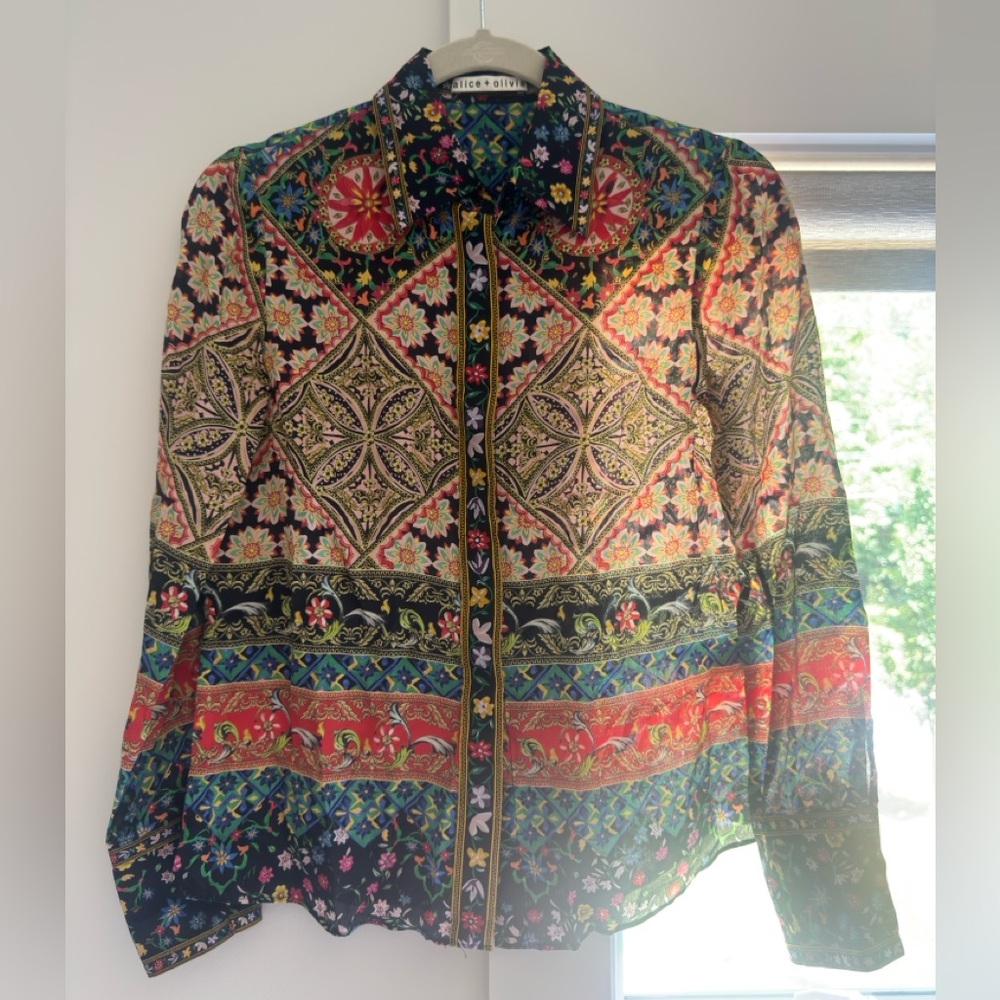 Alice + Olivia Multicolor Button Down Shirt 70’s inspired